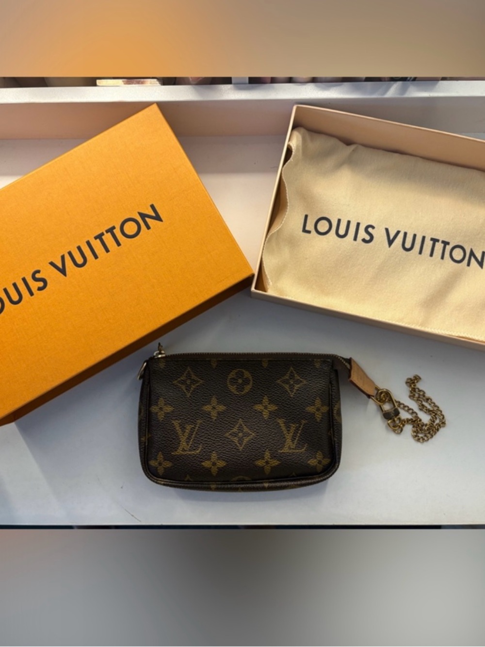 Louis Vuitton Monogram Mini Pouch in Brown with Gold Chain